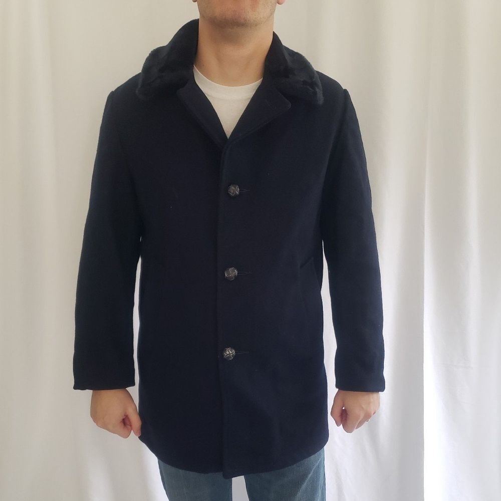 60s/70s Blue Wool Coat with Faux Fur Collar